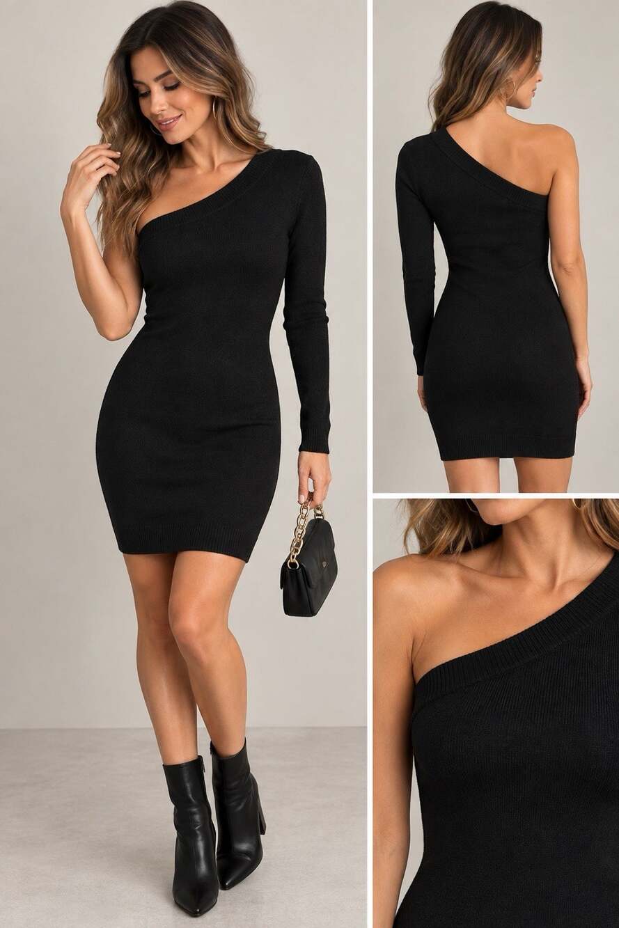 Michael Kors Womens XS Black One Shoulder Sweater Dress Long Sleeve Mini